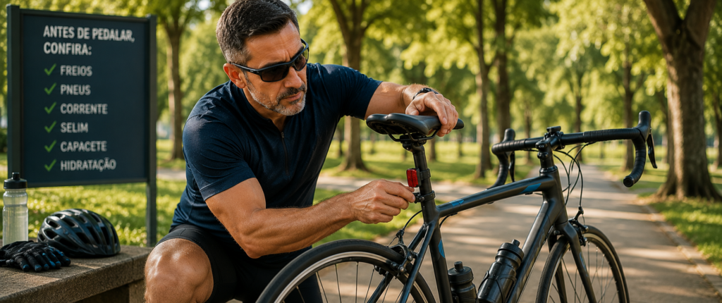 "homem acima dos 40 anos preparando bicicleta para iniciar ciclismo com segurança"