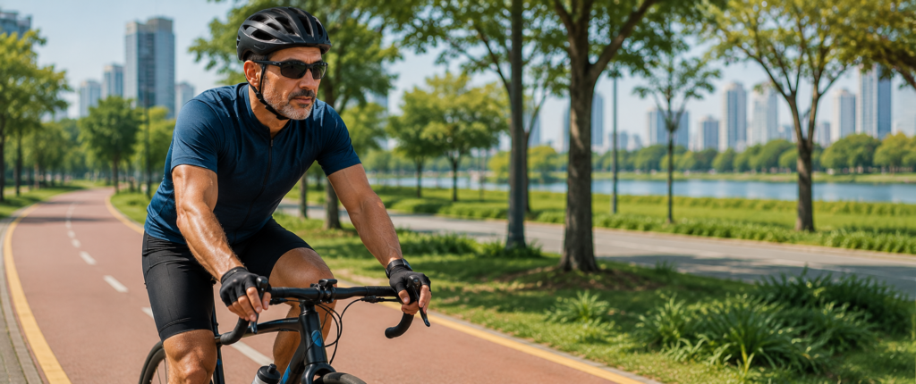 "homem acima dos 40 anos praticando ciclismo como complemento à musculação"