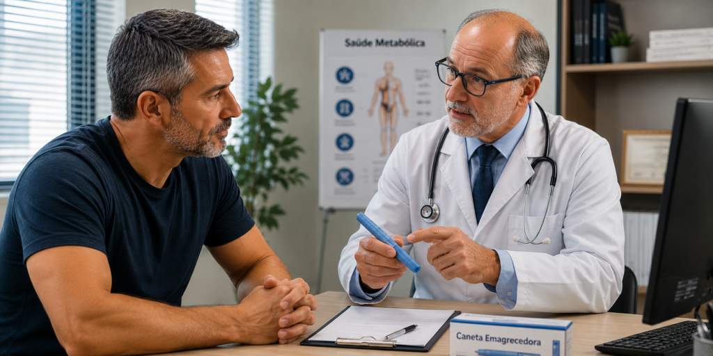 "homem acima dos 40 anos consultando médico sobre canetas emagrecedoras e saúde metabólica"