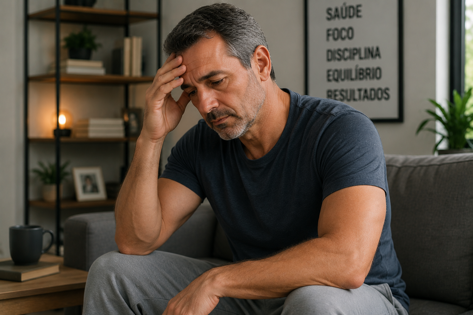 Reflexão em um ambiente tranquilo "homem acima dos 40 anos com sinais de testosterona baixa como cansaço e falta de energia"