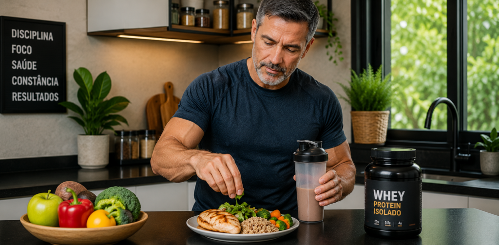 "homem acima dos 50 anos com alimentação equilibrada para perder gordura e ganhar músculo"