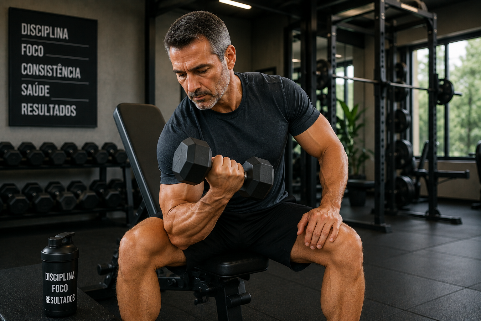 Foco e disciplina no treino "homem acima dos 40 anos fazendo musculação para preservar músculo e emagrecer"