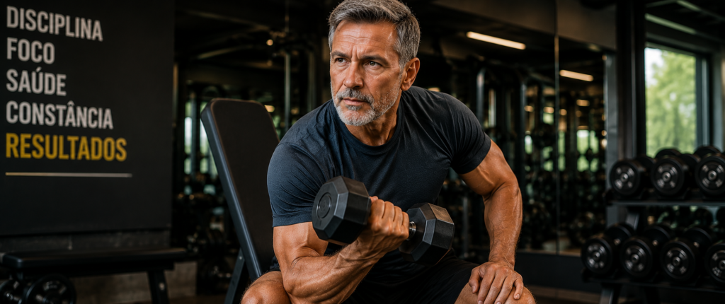 "homem acima dos 50 anos voltando à forma com treino de força e consistência"