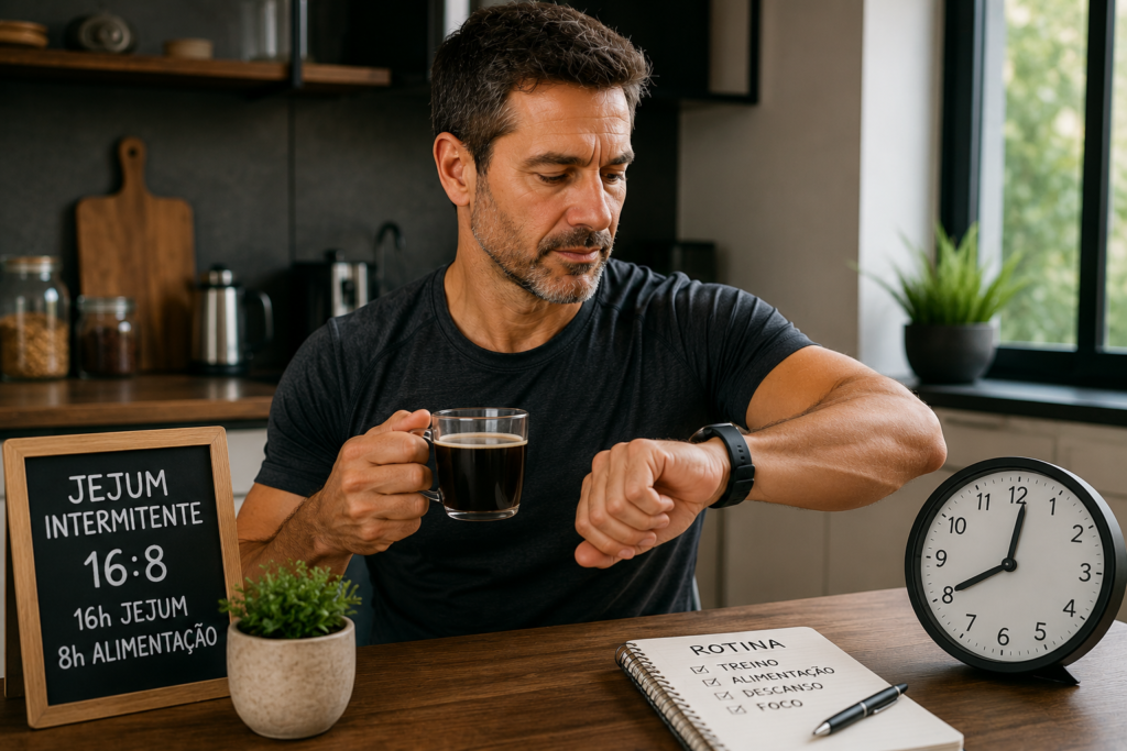 homem acima dos 40 anos praticando jejum intermitente com café preto