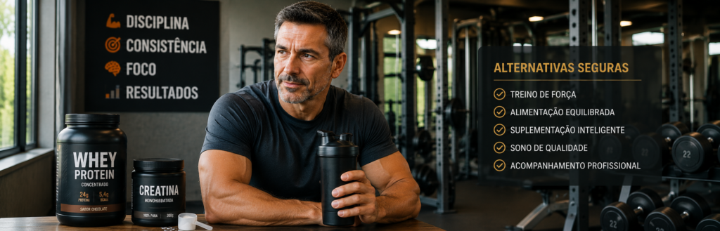 "homem acima dos 40 anos usando suplementos seguros como creatina e whey protein"
