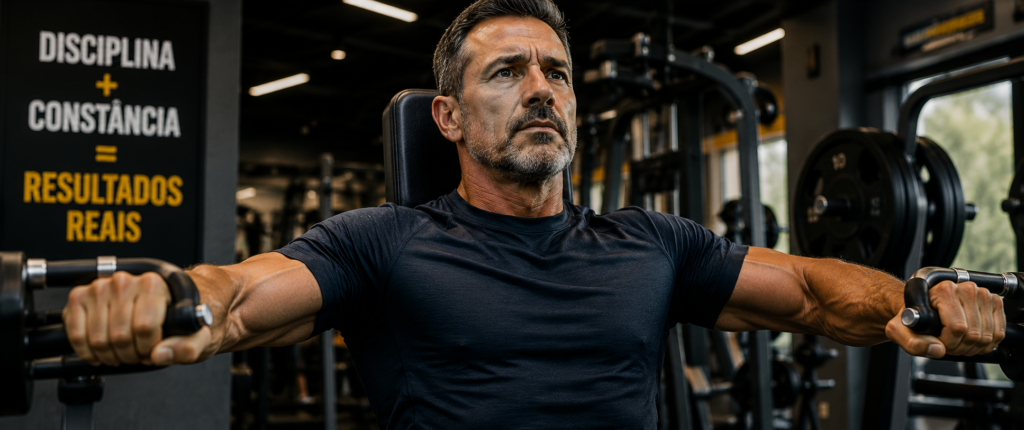 "homem acima dos 40 anos acelerando o metabolismo com treino de força consistente"
