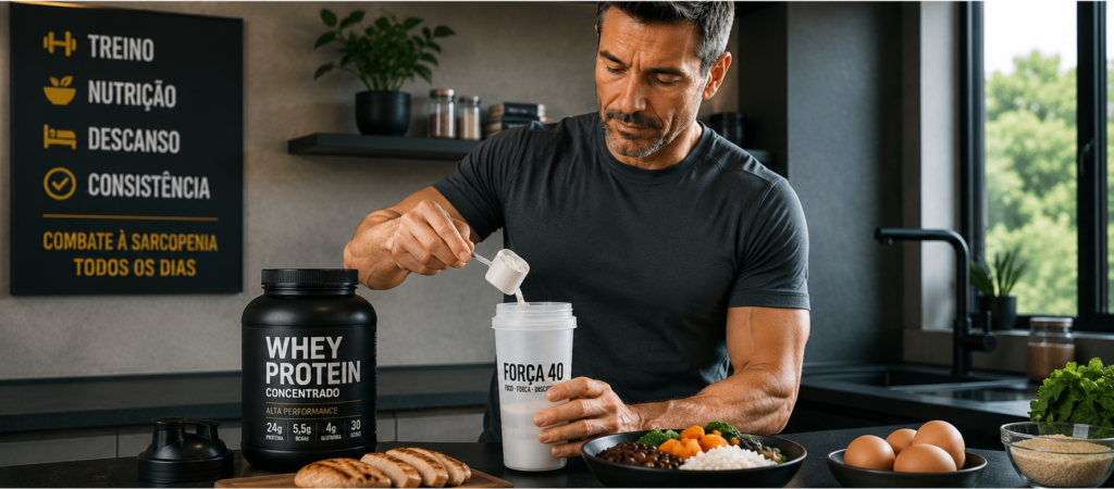 "homem acima dos 40 anos consumindo proteína para combater a sarcopenia"