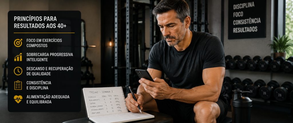 "homem acima dos 40 anos monitorando progressão de treino com consistência"