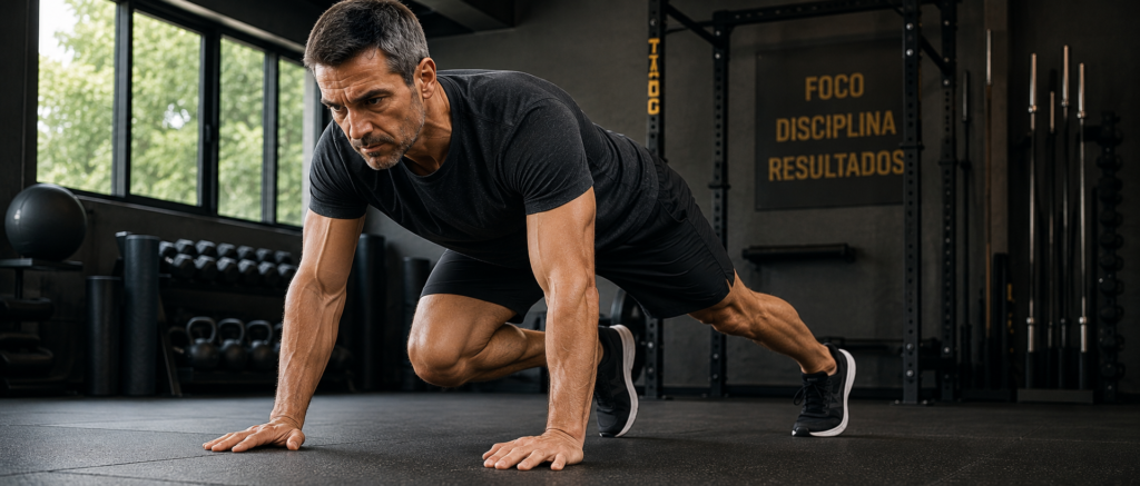  "homem acima dos 40 anos fazendo treino HIIT adaptado com segurança na academia"