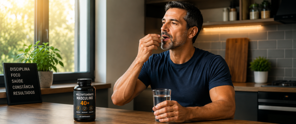 "homem acima dos 40 anos tomando multivitamínico masculino pela manhã"