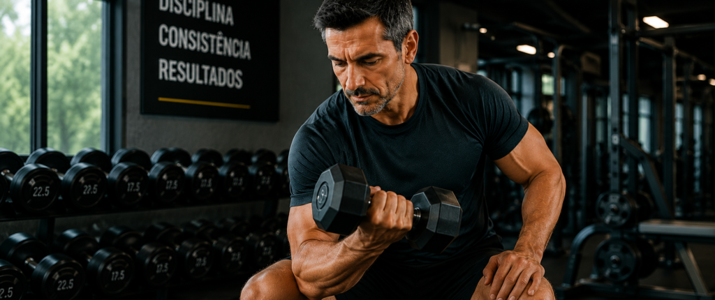 "homem acima dos 40 anos fazendo treino de força para prevenir sarcopenia"