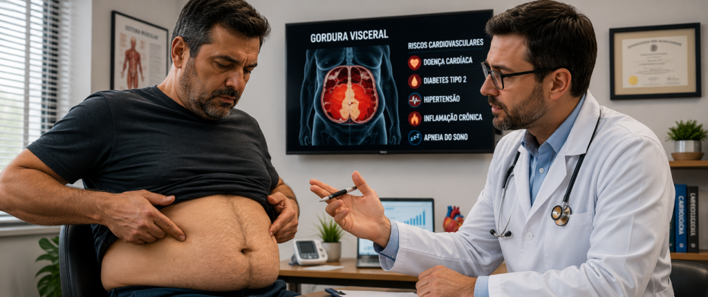 "homem acima dos 40 anos com gordura visceral elevada avaliando riscos cardiovasculares à saúde"