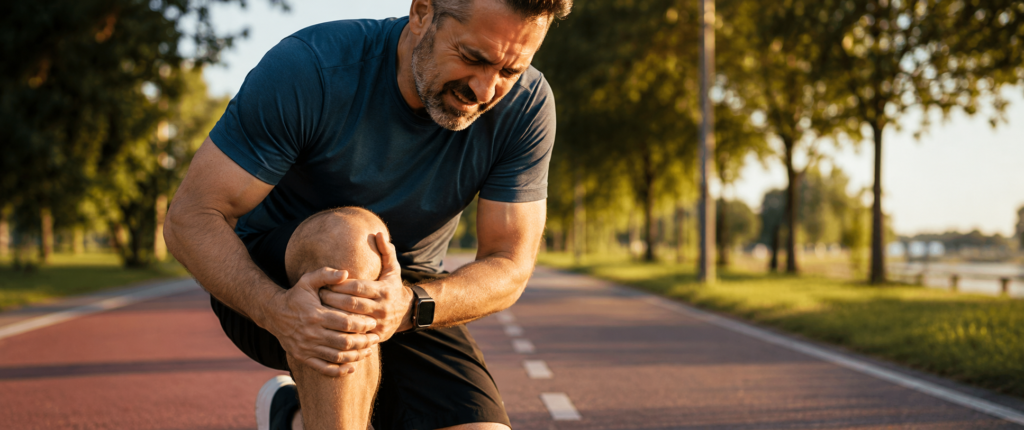 "homem acima dos 40 anos com dor no joelho por começar a correr sem preparo adequado"