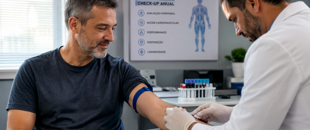 "homem acima dos 40 anos fazendo check-up anual completo com avaliação hormonal e cardiovascular"