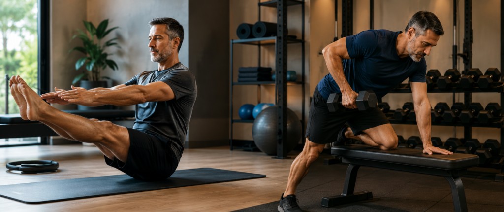 "homem acima dos 40 anos combinando pilates e musculação na mesma semana de treino"