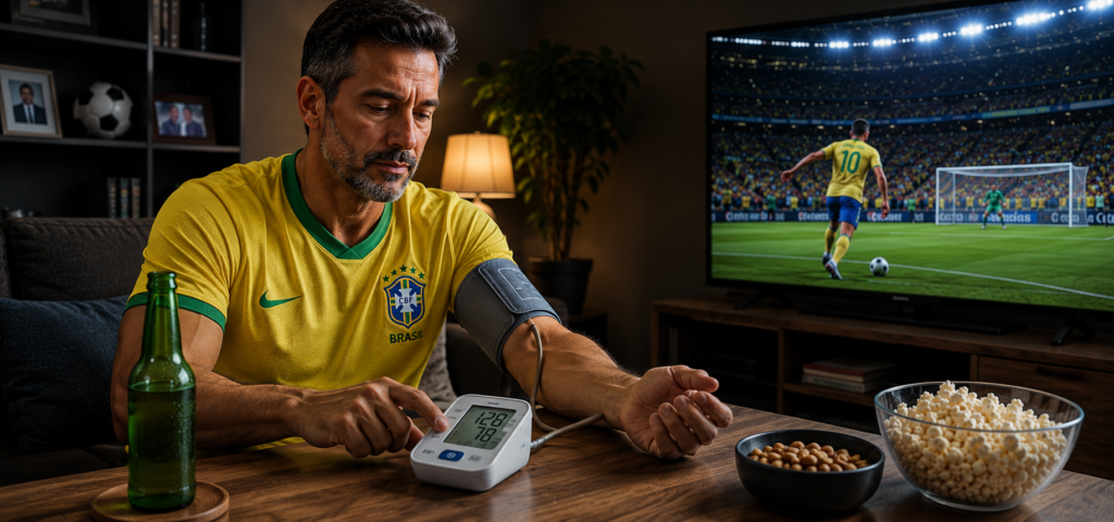 "homem acima dos 40 anos monitorando pressão arterial durante a Copa do Mundo 2026"