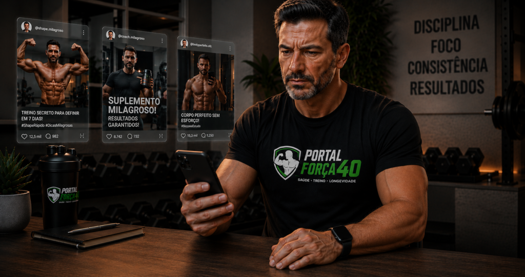 "homem acima dos 40 anos avaliando conteúdo de influencers fitness nas redes sociais com senso crítico"
