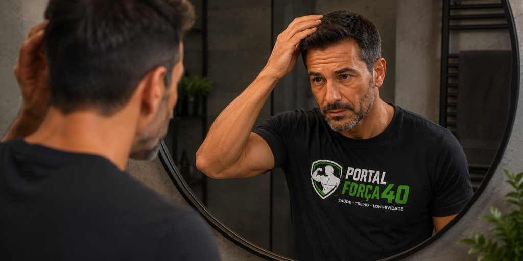 "homem acima dos 40 anos avaliando queda de cabelo no espelho"