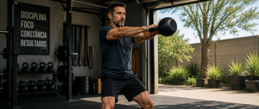 "homem acima dos 40 anos treinando potência muscular com kettlebell swing"