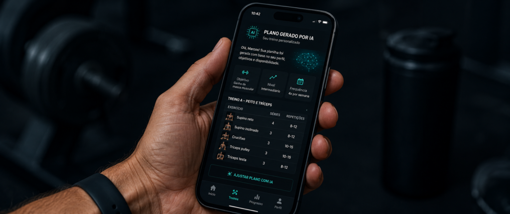 "app de treino com inteligência artificial gerando planilha personalizada para homem de 40 anos"