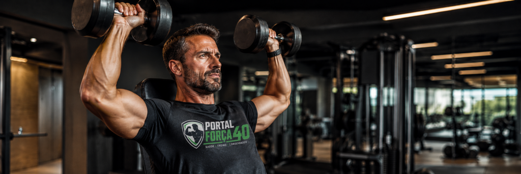 "homem de 40 anos treinando força para preservar e construir massa muscular"