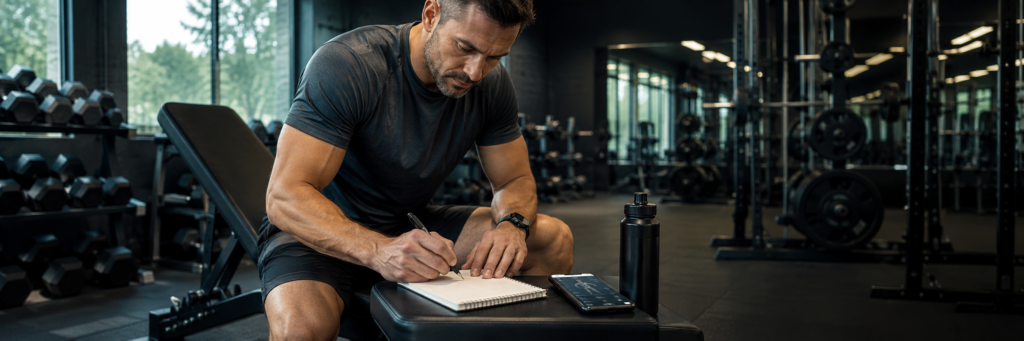 "homem de 40 anos registrando progressão no treino full body"
