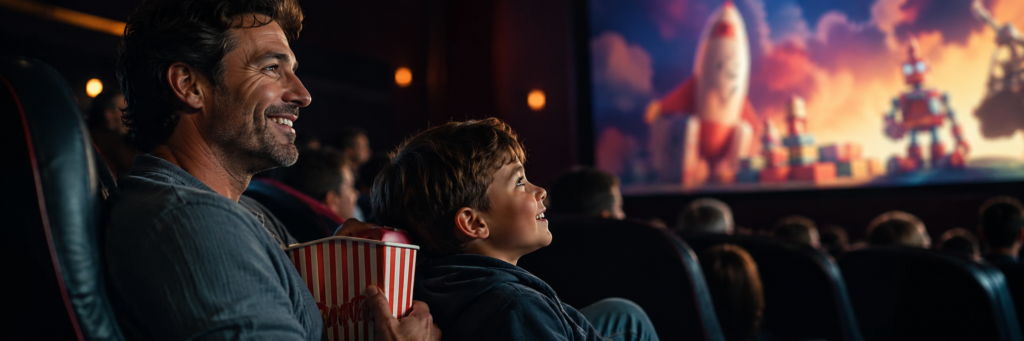 "pai de 40 anos assistindo Toy Story 5 com filho no cinema — geração que cresceu com a franquia"