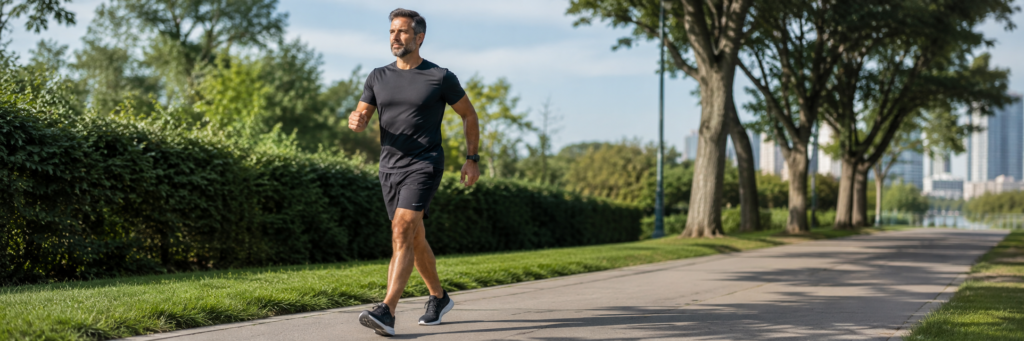 "homem de 40 anos praticando caminhada rápida como exercício Zone 2 para longevidade e saúde cardiovascular"