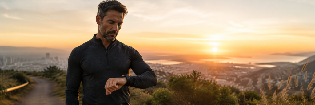 "homem de 40 anos praticando biohacking com monitoramento de HRV e exposição à luz solar matinal"