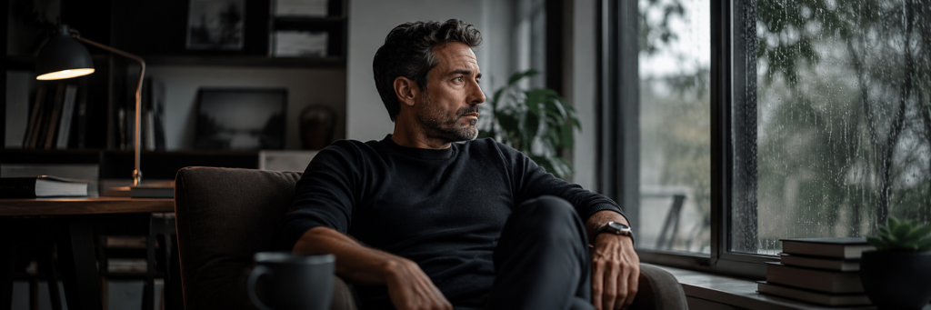 "homem acima dos 40 anos com sinais de depressão masculina — isolamento emocional e perda de interesse"