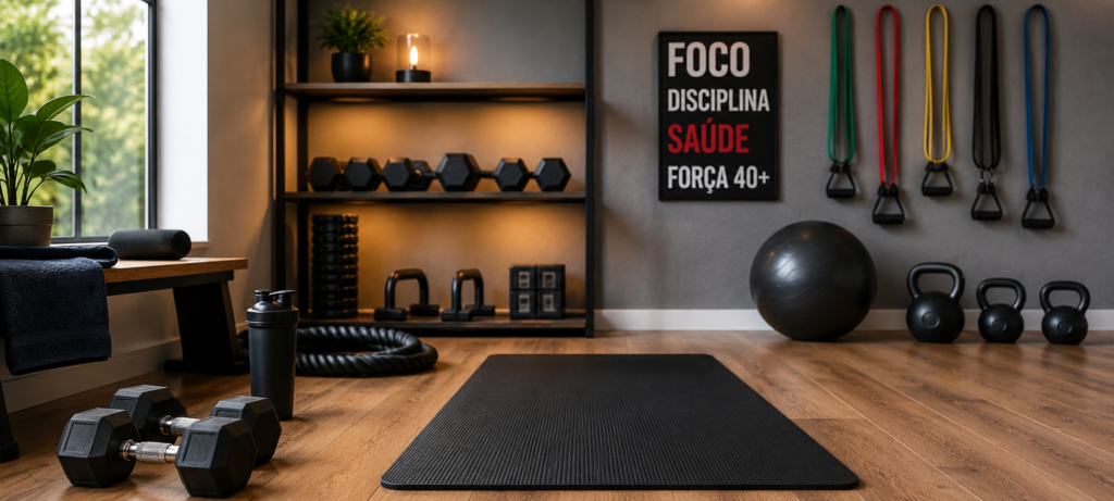 "academia em casa montada com equipamentos essenciais para homens acima dos 40 anos"
