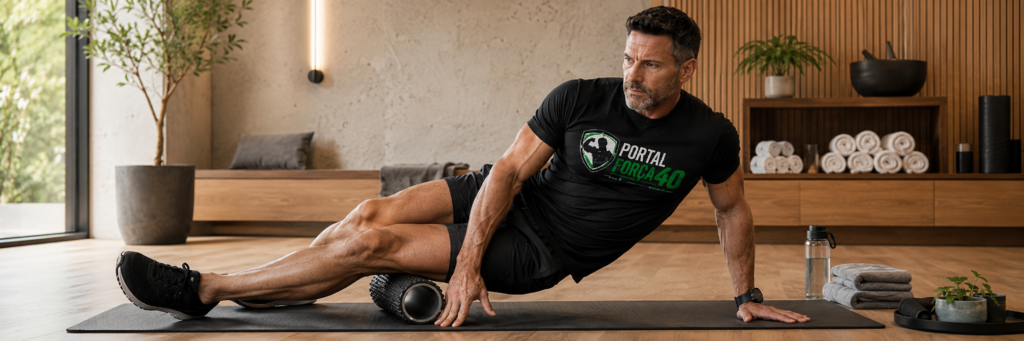 treino de pernas após os 40 recuperação foam roller mobilidade homens maduros
