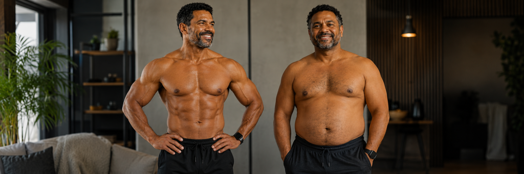 "shape v dad bod homens 40 anos comparação físico saudável escolha pessoal após os 40"