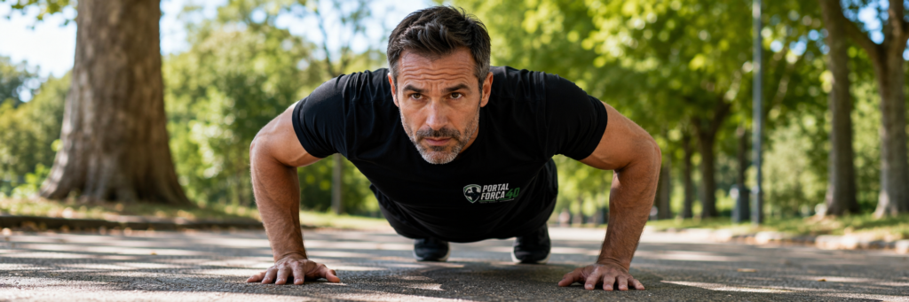 "calistenia homens 40 anos treino peso corporal parque ao ar livre"